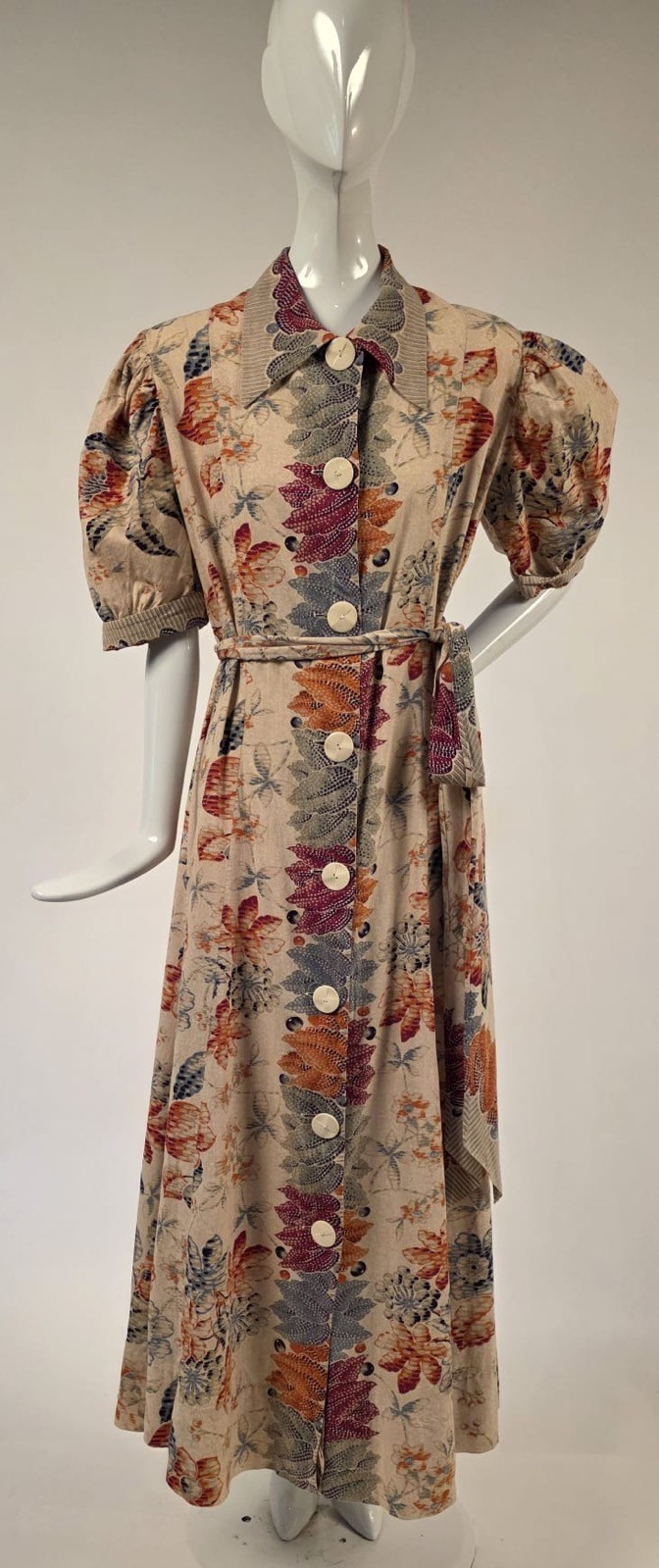 1930’S UNUSUAL BATIK STYLE FLORAL STRIPE PRINT COTTON SUMMER DRESS W BELT
