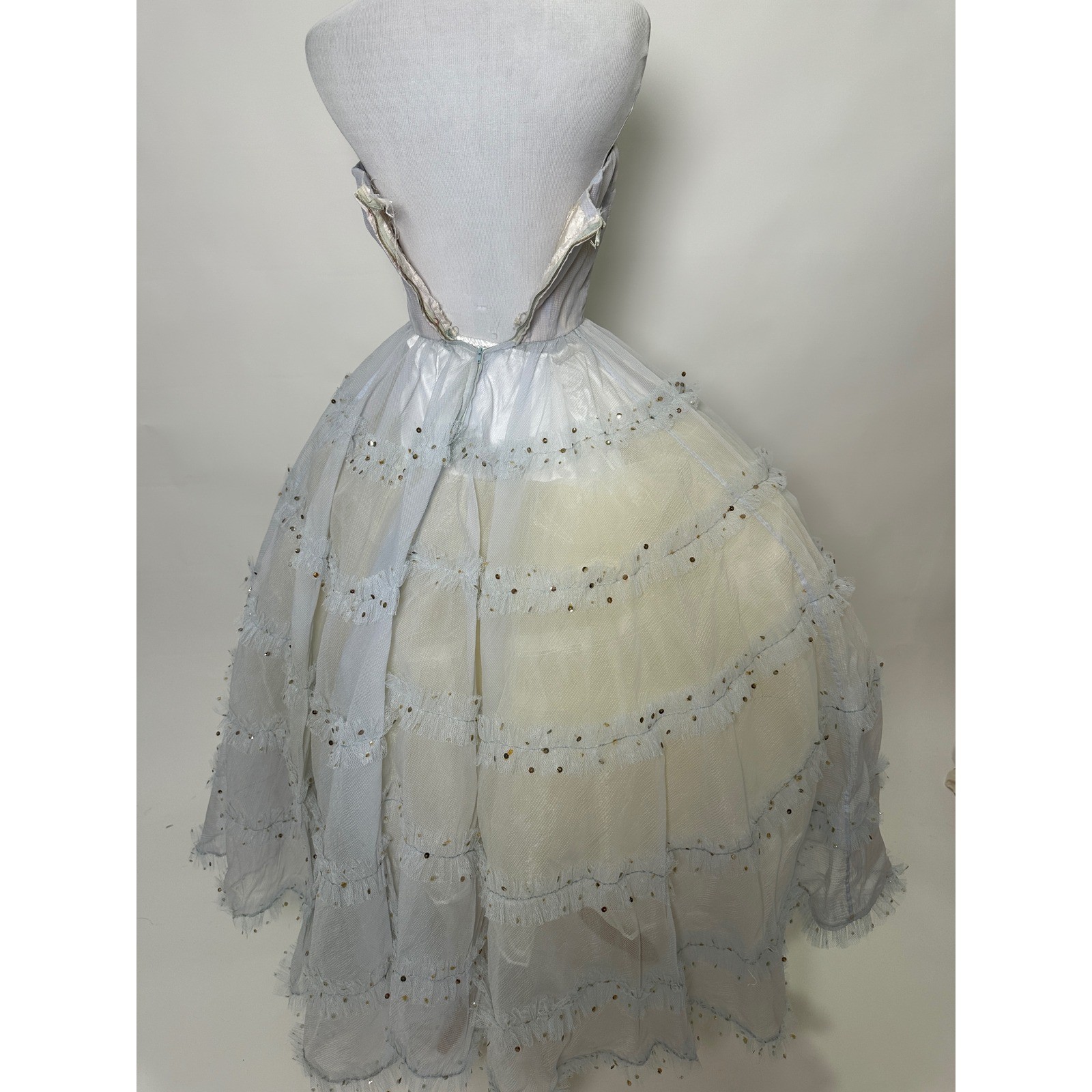 Vintage 1950s Pastel Baby Blue Tulle Ruffle Sequin Strapless Prom Party Dress