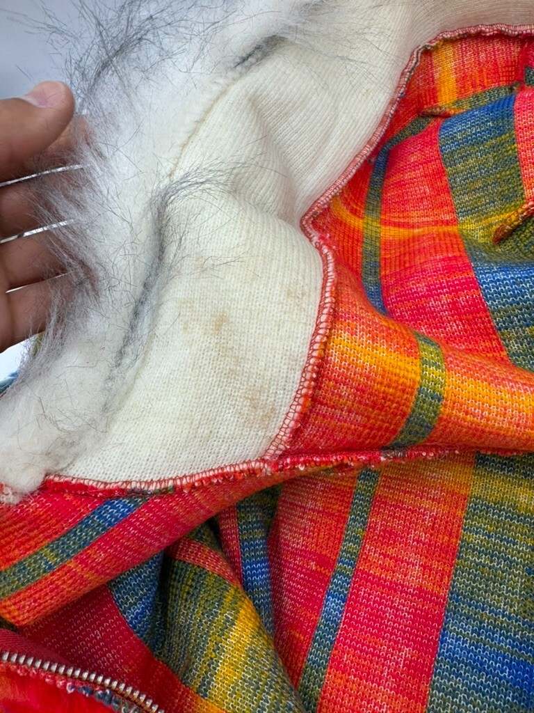 Vintage 70s Colorful Faux Fur Poncho By Union Made Plaid Red Green burning man