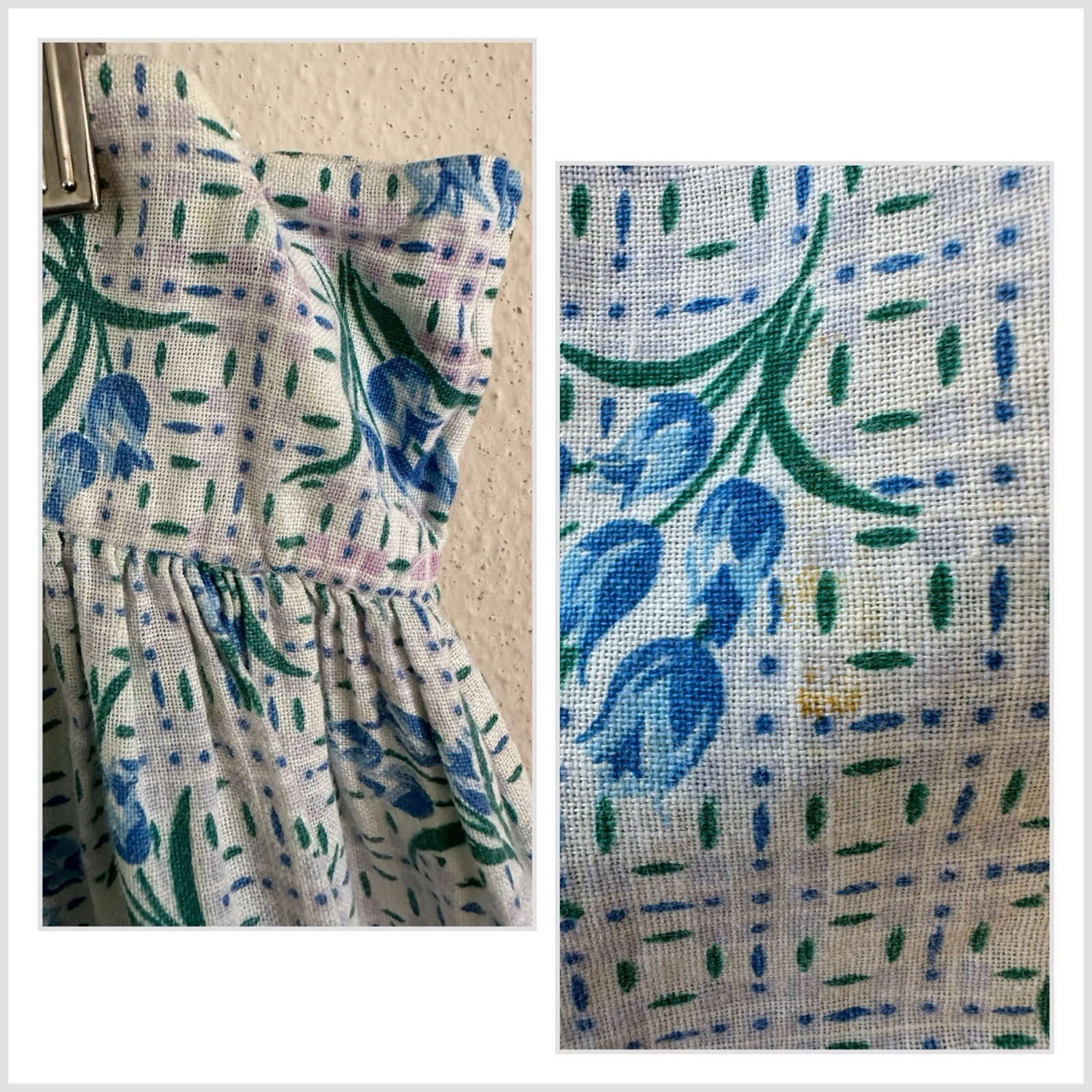 1930s 40s Feed Sack Skirt 28” Waist Blue Floral Tulip Grid Fabric Cotton MOP VTG