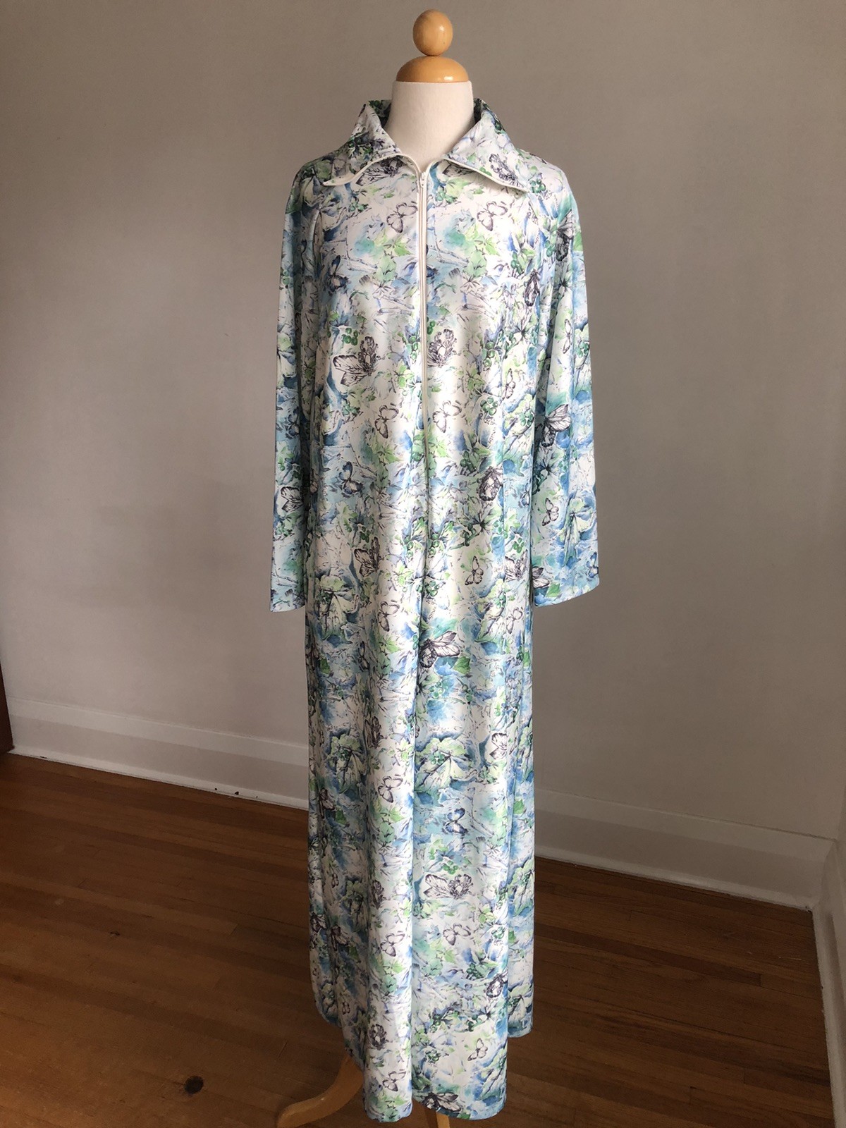 GORGEOUS VTG ELAINE SKLAR Lingerie Co. Blue Butterflies Zip-up Loungewear Robe M