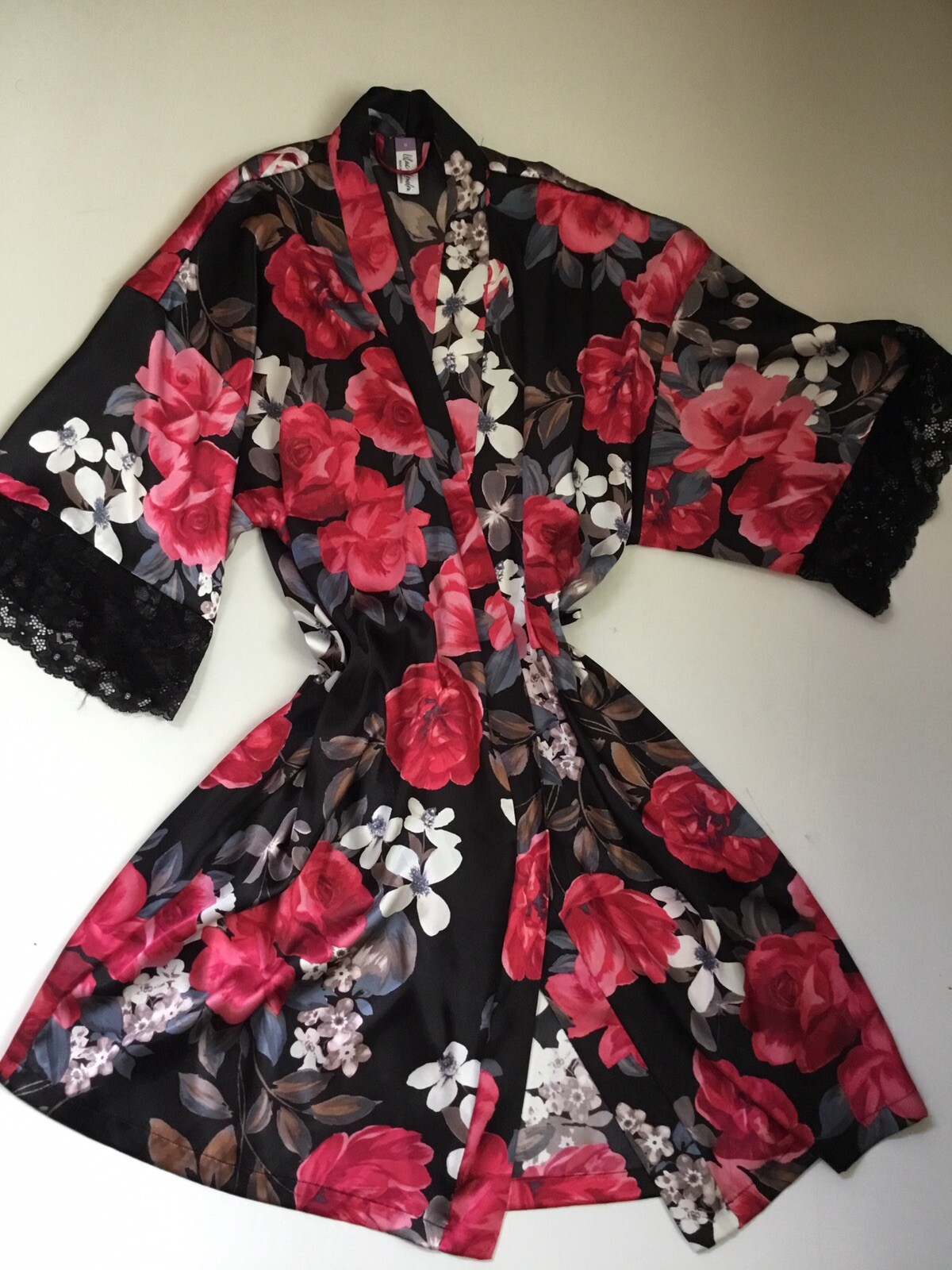 Lilac London Floral Wrap Satin Peignoir Robe Coverup Black Lace Whimsigoth M
