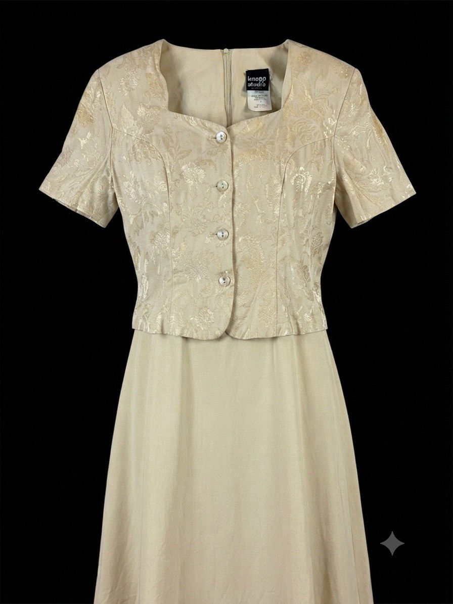 VTG 90s Knapp Studio Champagne Jacquard Floral Cap Sleeve Long Dress 11 Cottage