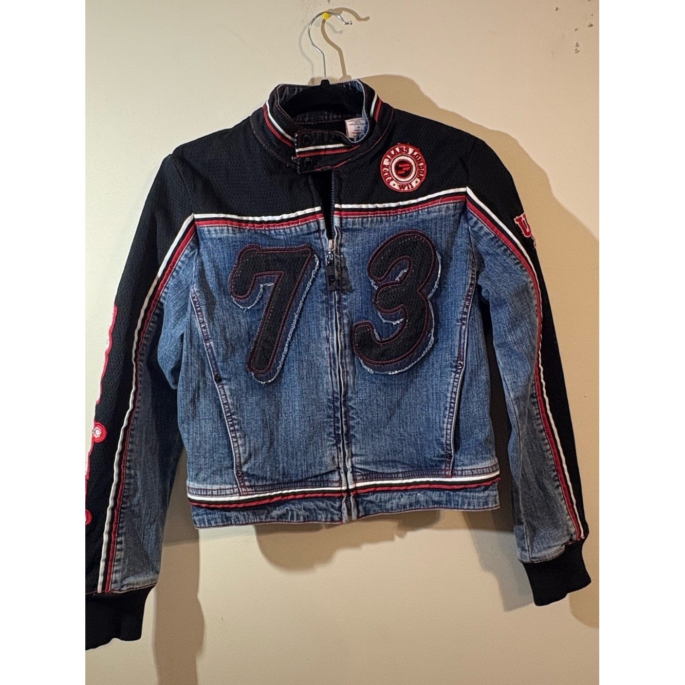 Pepe Jeans Blue Denim Black Bomber Jacket Red White Stripe London Medium vintage