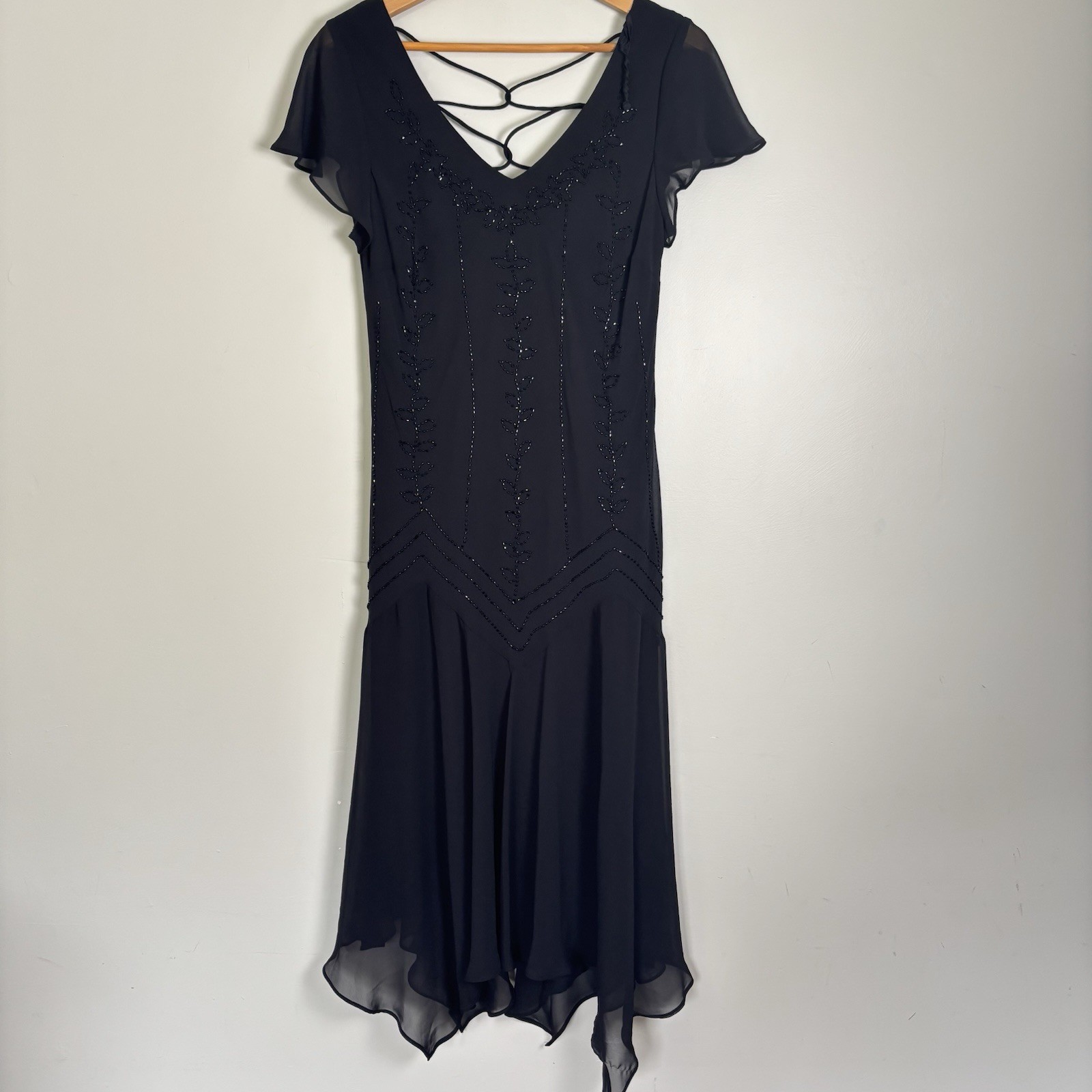 VTG 90s S.L. Fashions Black Beaded Chiffon Maxi Dress-16-Gatsby/Fairy/Whimsigoth