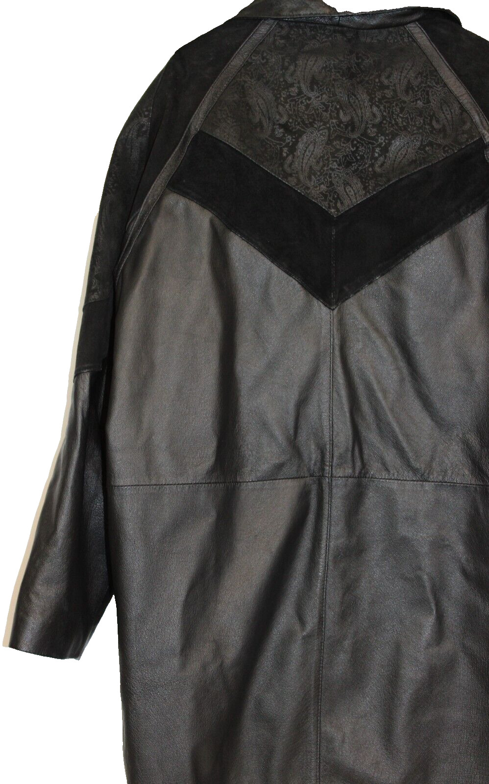 Vtg 80s Preston & York Leather Coat sz XL BLack Embossed Paisley Suede Modern
