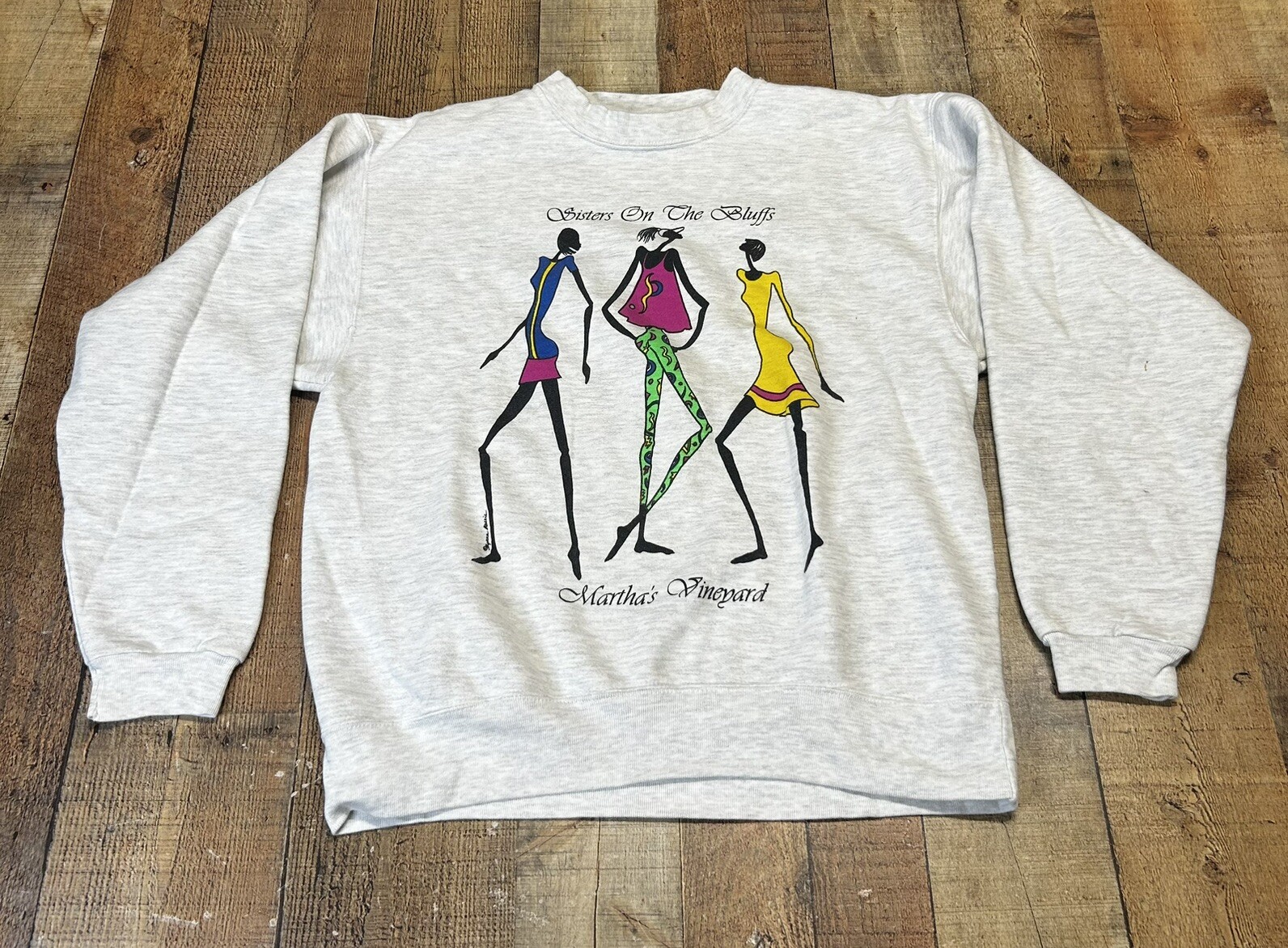 VTG Marthas Vineyard Womens Large Print Sister on the Bluff Gray Sweatshirt