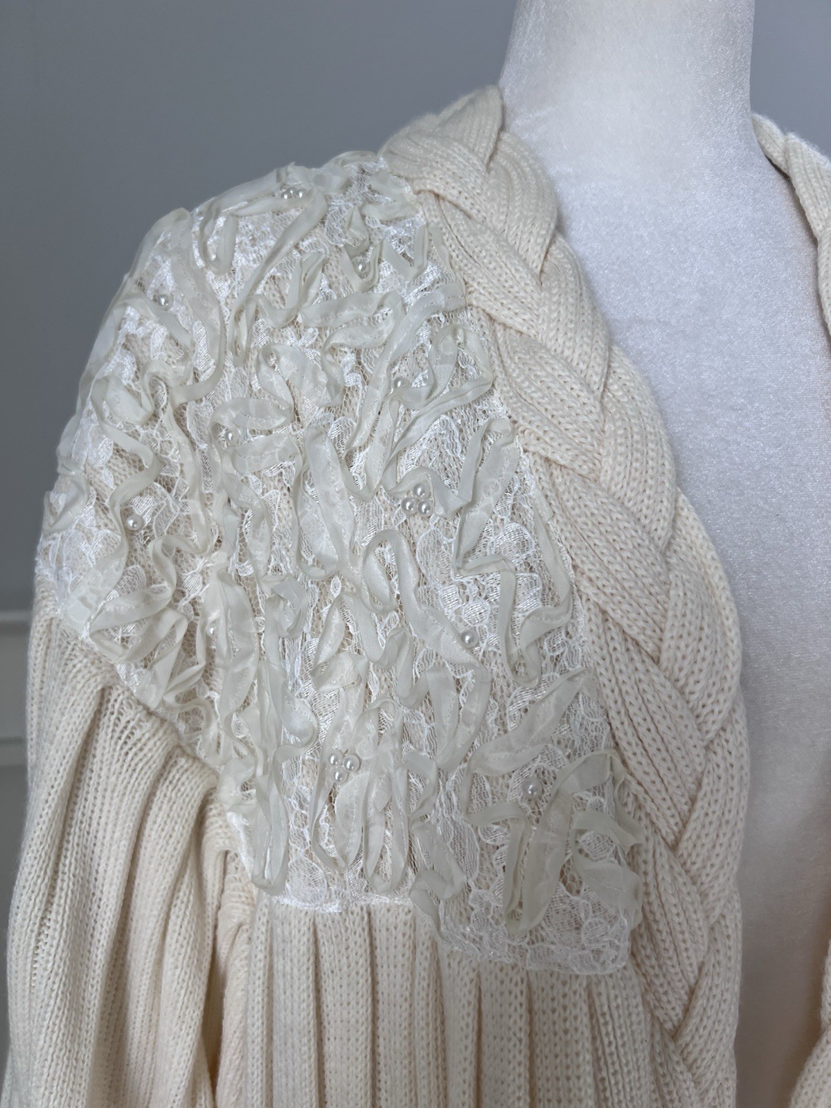 Maurada Vintage Ivory Knit Long Cardigan With Bishop Sleeves Size 1X- 2XL