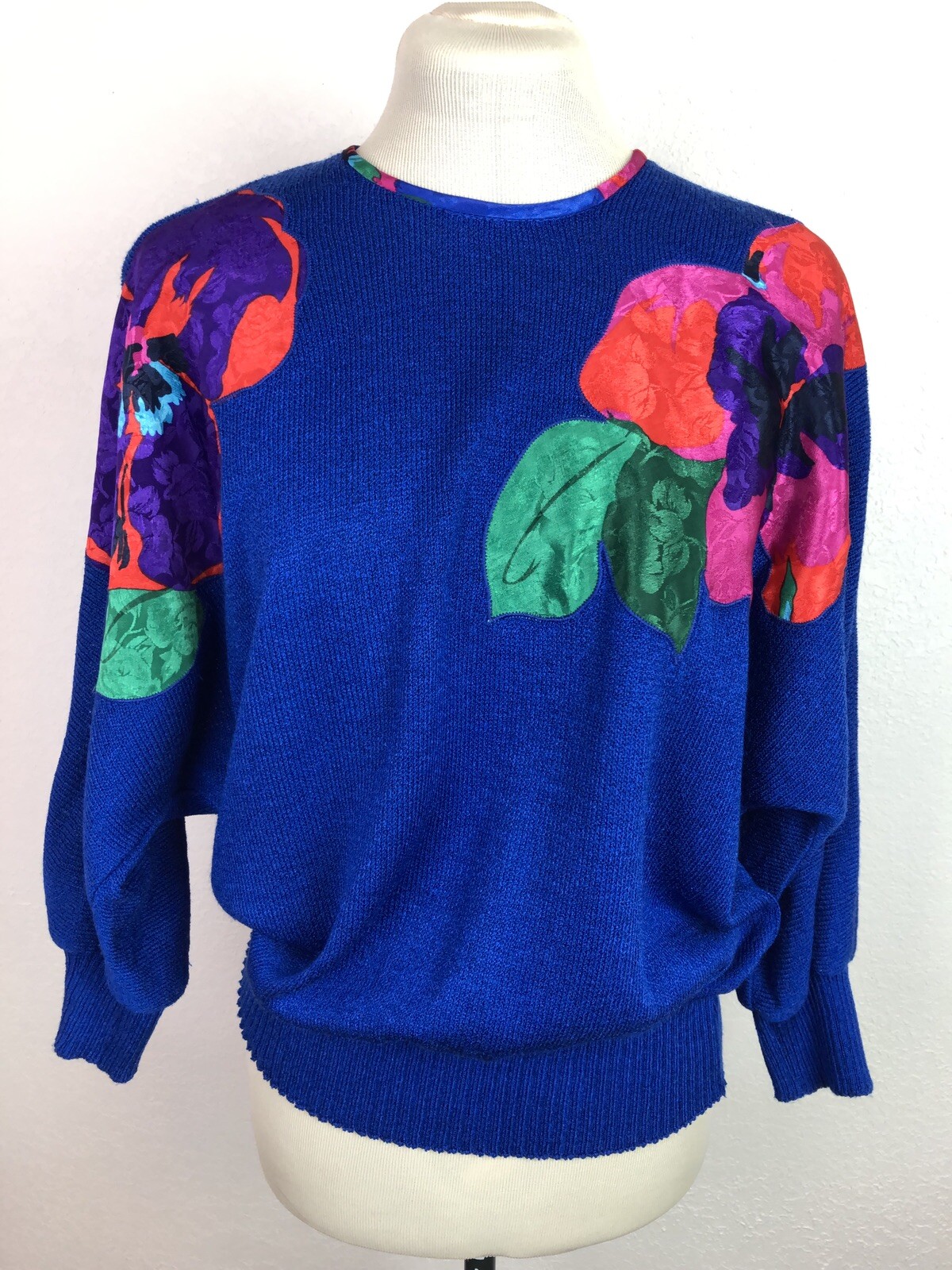 VTG 1980s Sweater Sz 8 Medium Anthony Sicari Bold Colors Flowers Dolman Slv USA