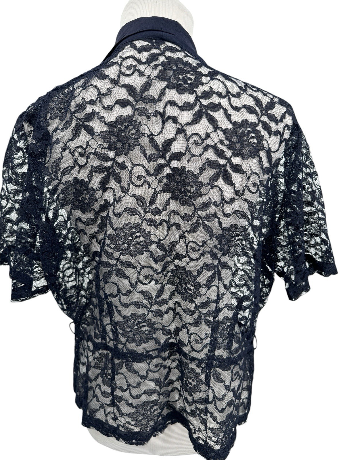 Vintage 1950s Lace Navy Blue Short Sleeve Cardigan Pearl Button Front 42″ Chest