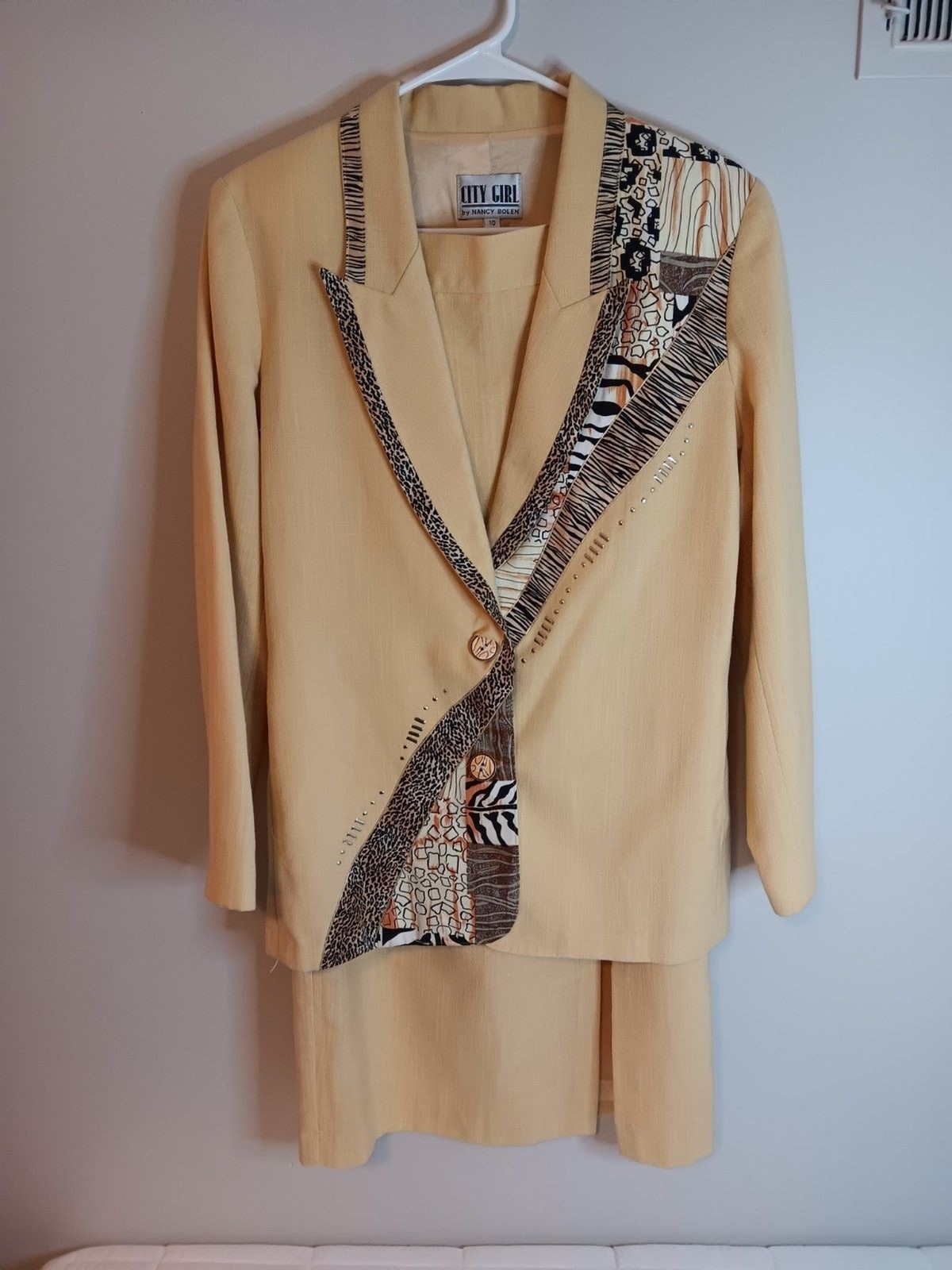 Vintage 80s City Girl By Nancy Bolen Animal Print Skirt Jacket Set Sz 10 Yellow
