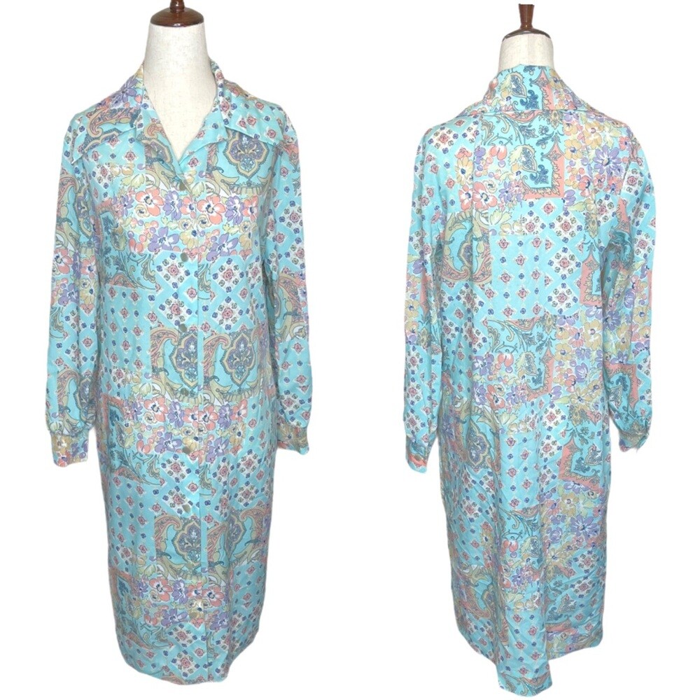 Vintage 1960s Pastel Floral Patchwork Pointed Collared Button Front Dress