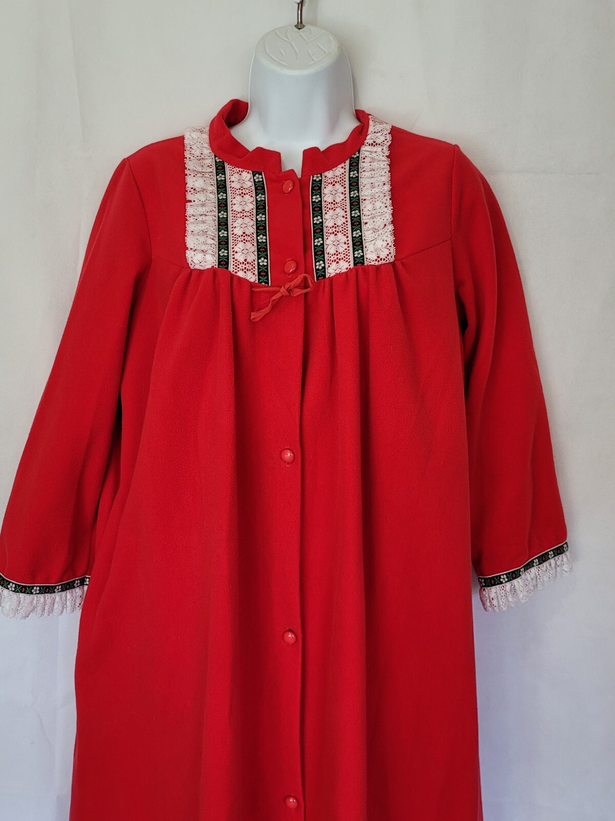 Lorraine Robe Womens S Red Vintage Flannel Maxi Lace Trim Full Button Pocket