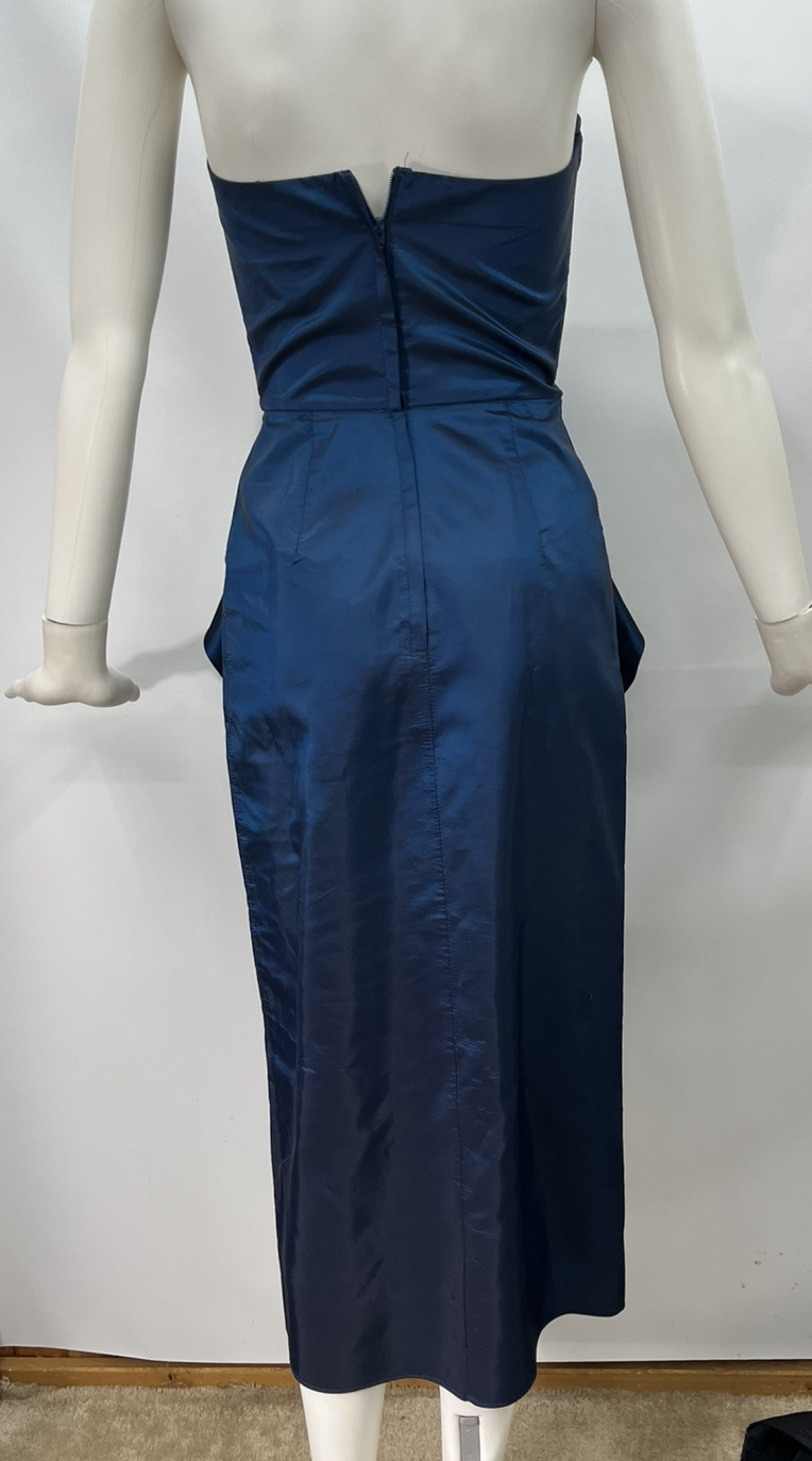 80s Vtg Roberta Party Dress Blue Iridescent Taffeta Bow Rhinestones Prom Wiggle