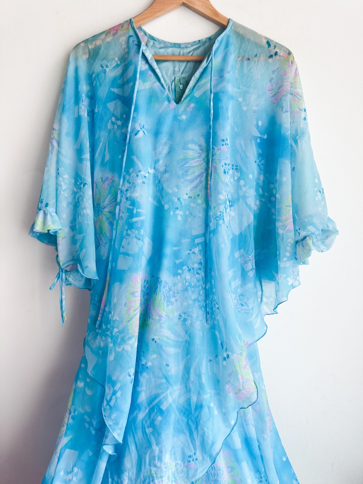 Vintage Sky Blue Maxi Dress With Cape Bodice Modest Mother of Bride Wedding S