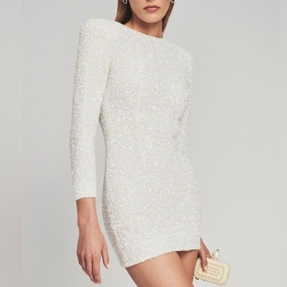 Retrofête Nikki Sequin Dress in White Size XS Bridal Long Sleeve Mini