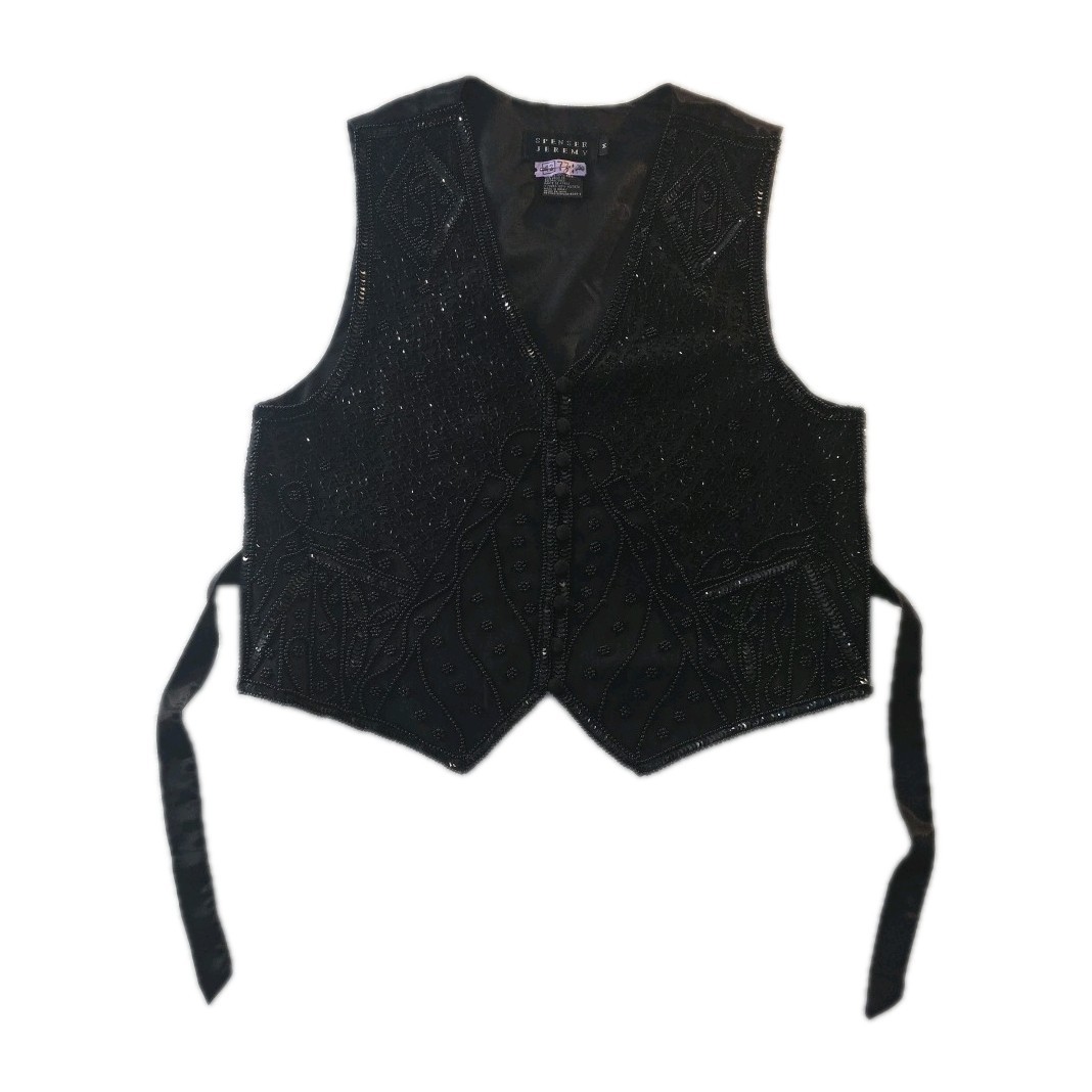 Vintage Black Beaded Spencer Jeremy 100% Silk Vest – Size M