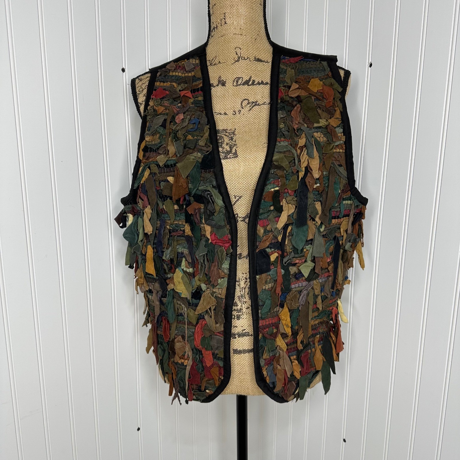 Vtg Exceptional Leather Scrap Vest Multicolor Black Boho Artwear Rag Rug Sz L