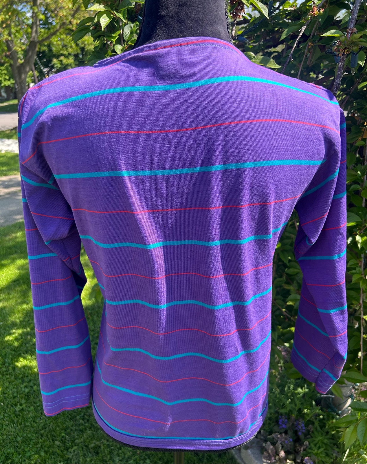 Vtg Chesterfield 80s Bracelet Sleeve Purple Blue Pink Stripe Shirt Small