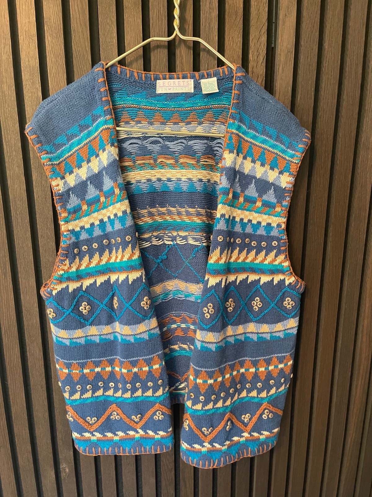 Vintage Segrets Sun Prints – Sweater Vest – Blue/Brown – Cotton/Ramie – Sz L