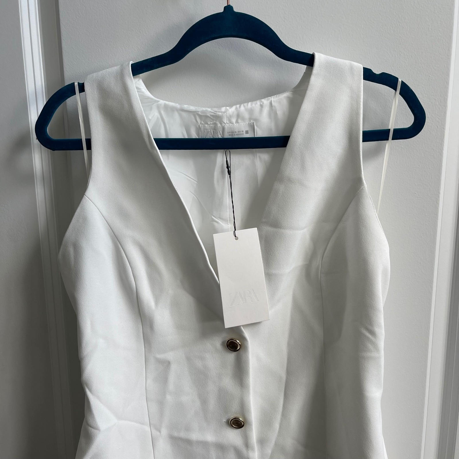 Zara Dress Women XL White Old Money Pleated Mini Skirt V-Neck Waistcoat Vest