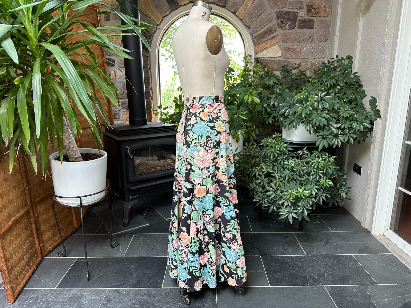 Vintage 1970s Bias Cut Swirl Black Pink Green Floral Maxi Skirt Kelita New York
