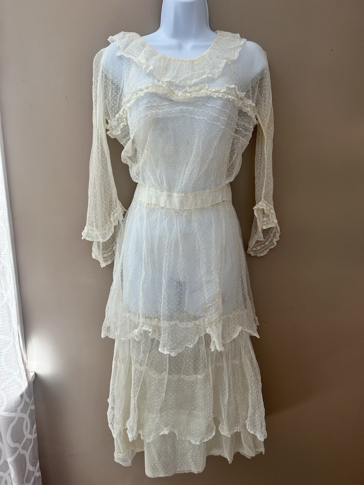 Antique Edwardian Dress 1920 Ivory Mesh Lace 32 XS S Vintage Wedding Gown