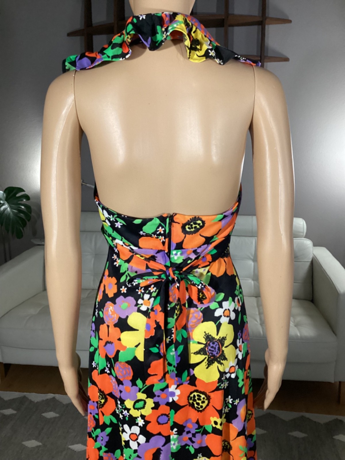 Vintage 70’s Joseph Magnin Bright Floral Flower Power Ruffle Halter Maxi Dress