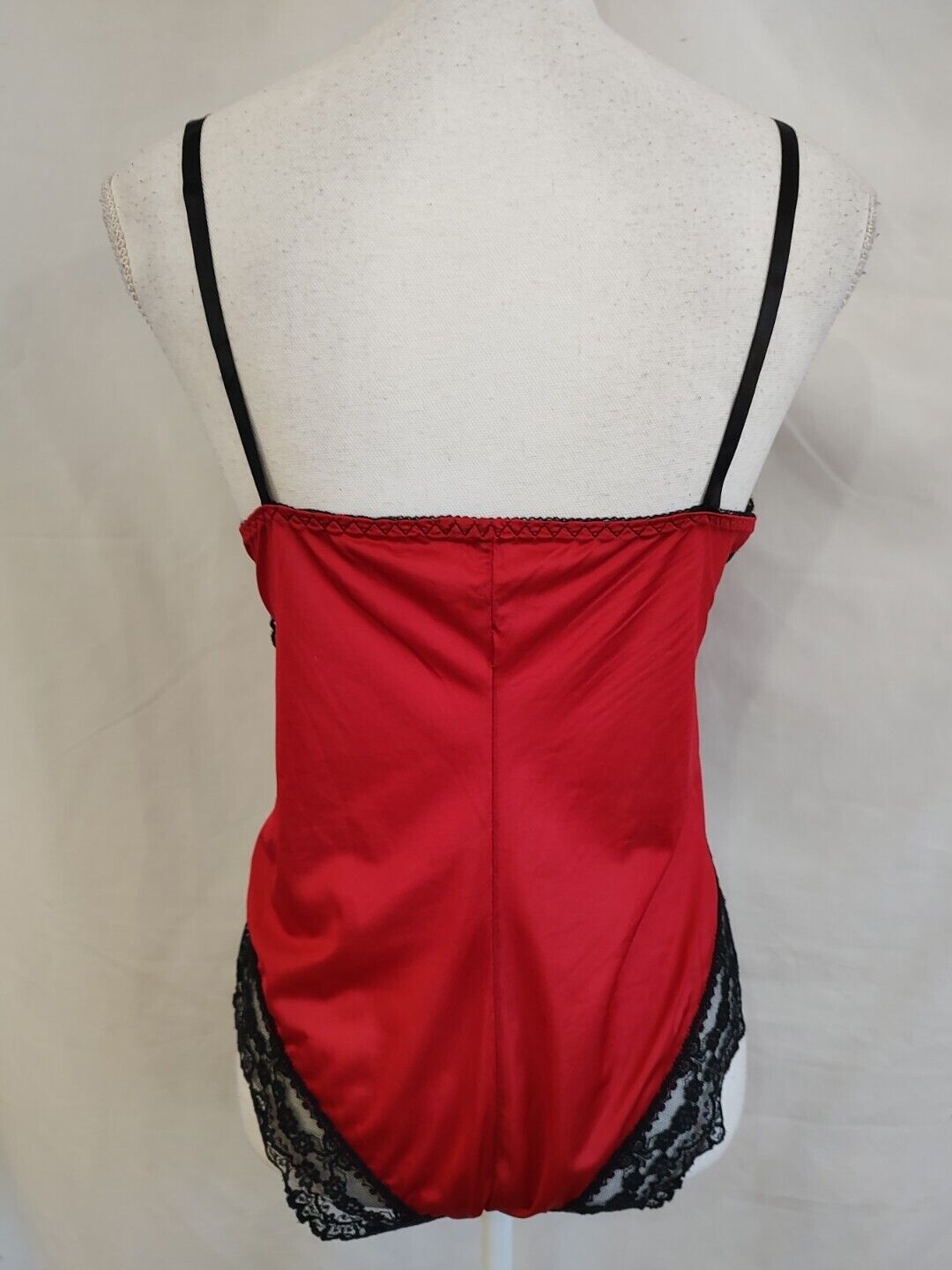 80’s Vintage Teddy Romper Red Nylon & Black Lace Super High Cut Leg Sexy Sz S
