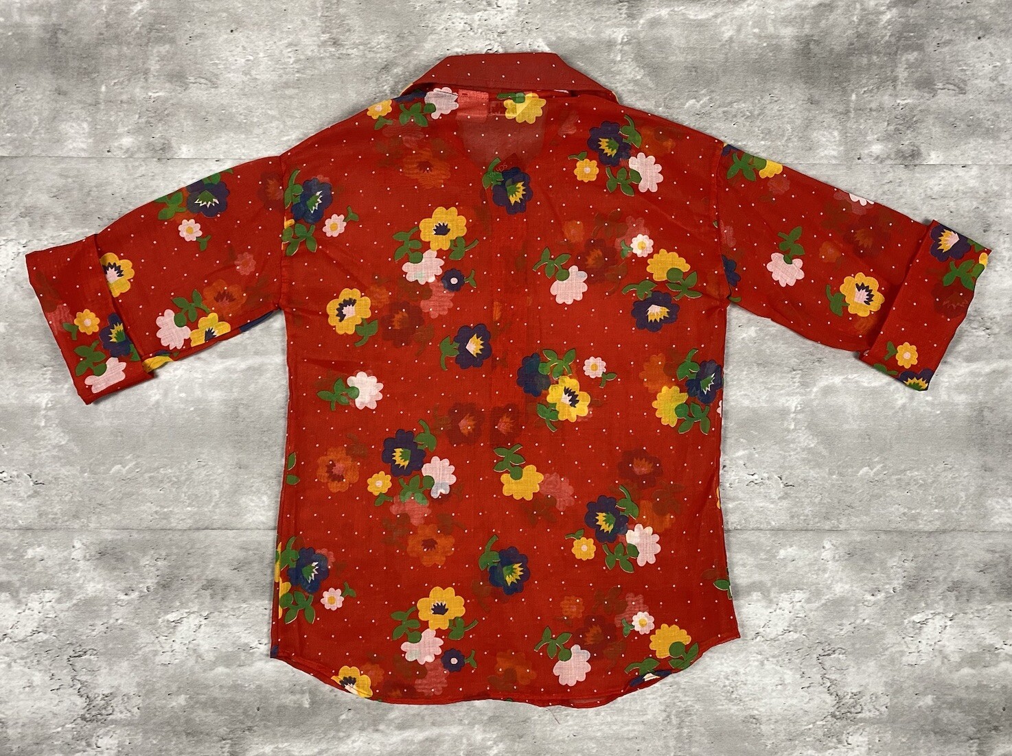 vintage 70s DURABLE PRESS BLOUSE TOP FLORAL POLKA DOT SHEER PULLOVER AOP