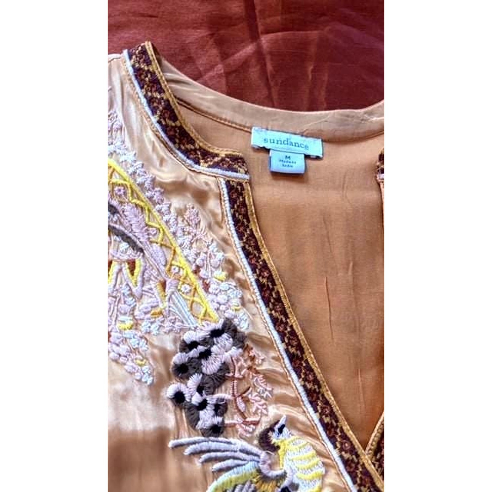 Sundance Embroidered Satin Blouse Medium Gold Champagne Floral Bell Sleeve Boho