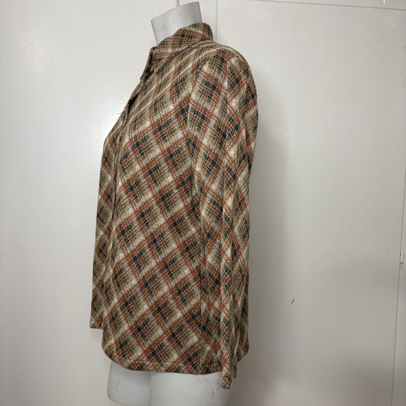 Vintage 70s Tan Red Green Plaid Double Knit Polyester Collared Button Up Shirt