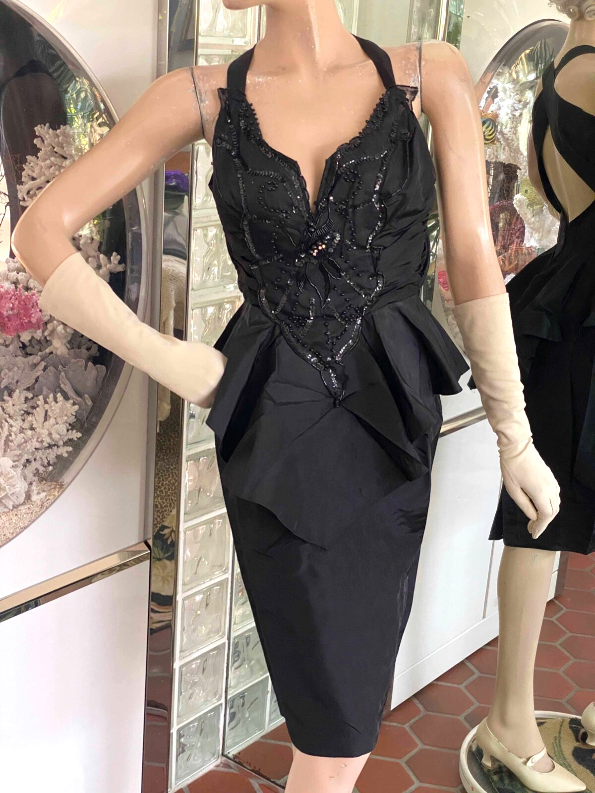VTG XS SEXY 70s 80s Peplum Wiggle Dress Climax Karen Okada David Howard