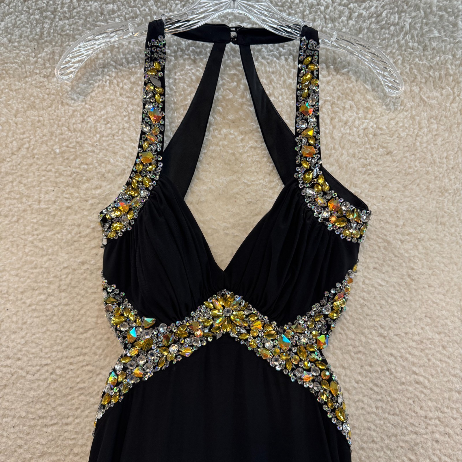 Y2K Vintage Prom Dress 10 Large Black Rhinestone Backless Maxi Formal Cocktail