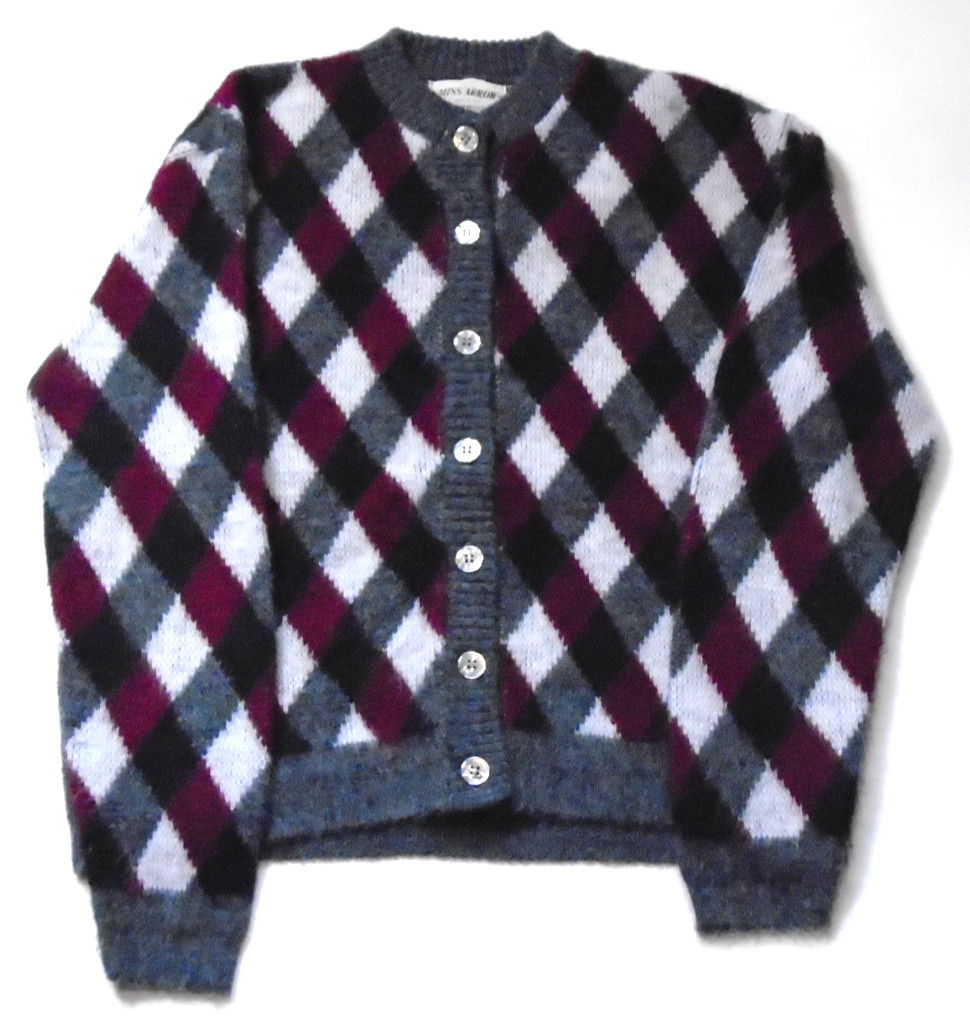 Vintage 60s Miss Arrow Cardigan Sweater Argyle Maroon Gray Black Rockabilly L