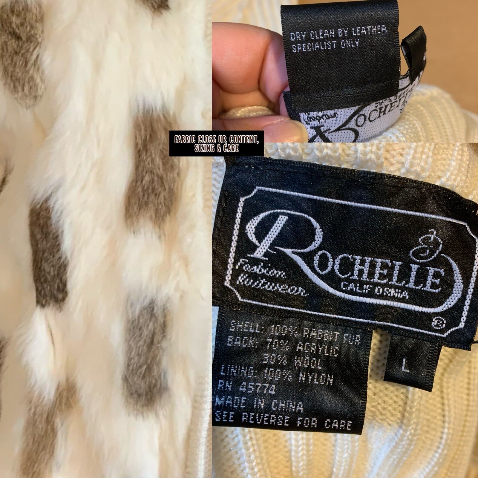 VINTAGE CIRCA 1990’S ROCHELLE CREAM KNIT & RABBIT FUR ZIPPER FRONT SWEATER SZ LG