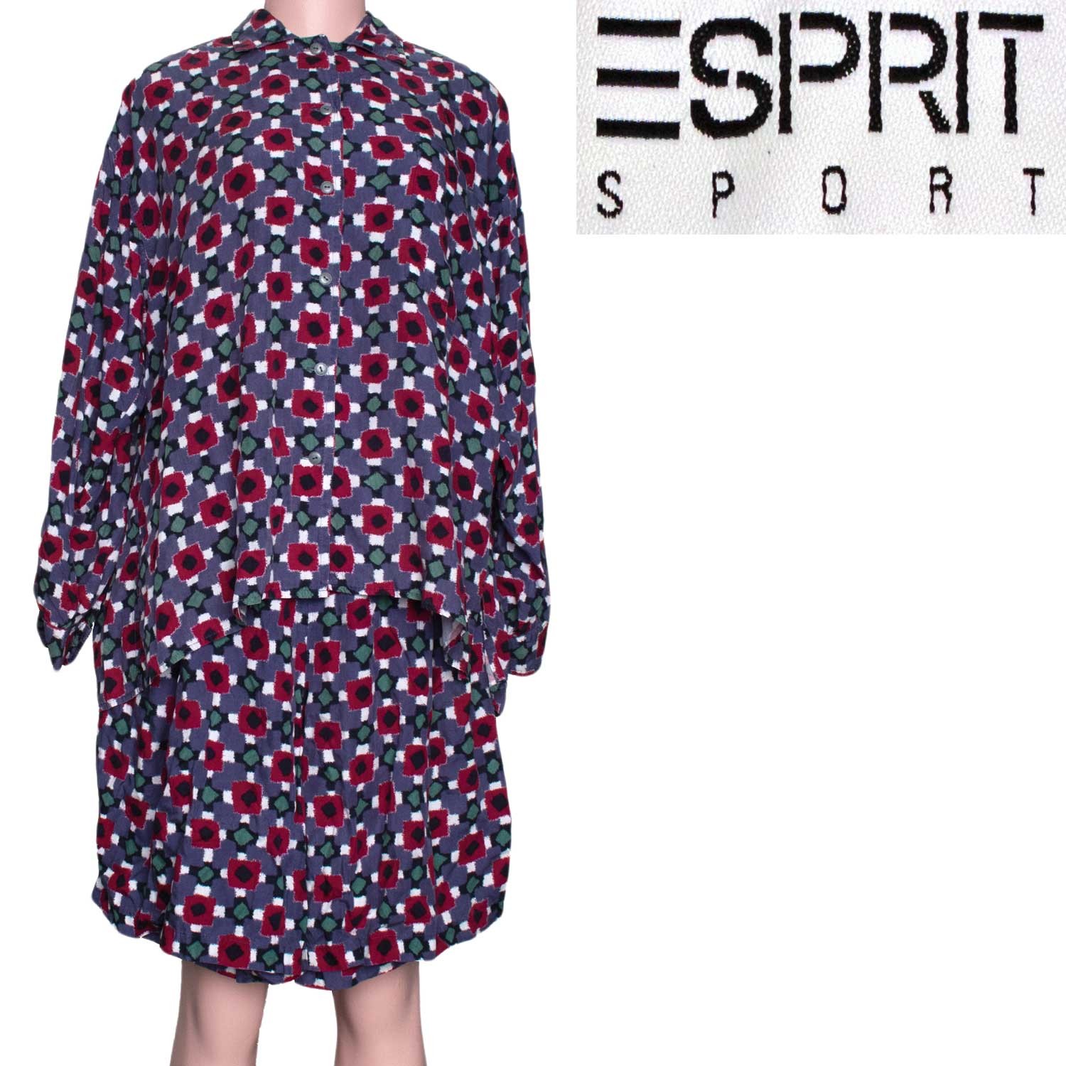 1980s Vintage Esprit Rayon Button Shirt + High Waist Shorts Set Geometric M