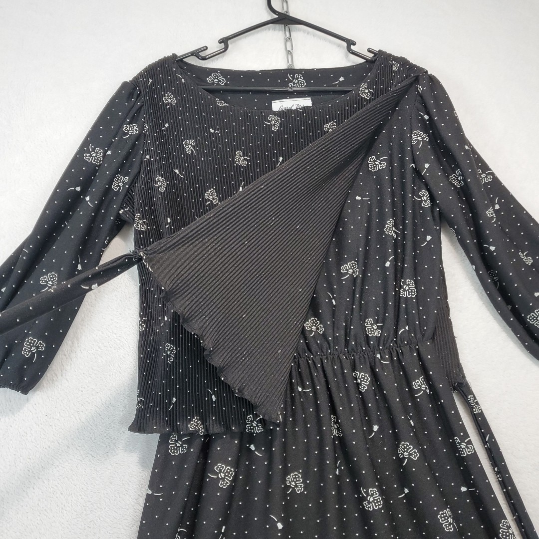 Vtg 70s Laurel Ridge Black Floral Midi Dress Smocked Overlay Top A Line Sz 15/16