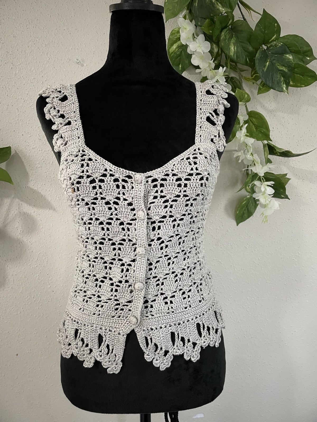 Vintage Crochet Vest Silk Boho Lace Metallic Silver Button-Up Festival Top M