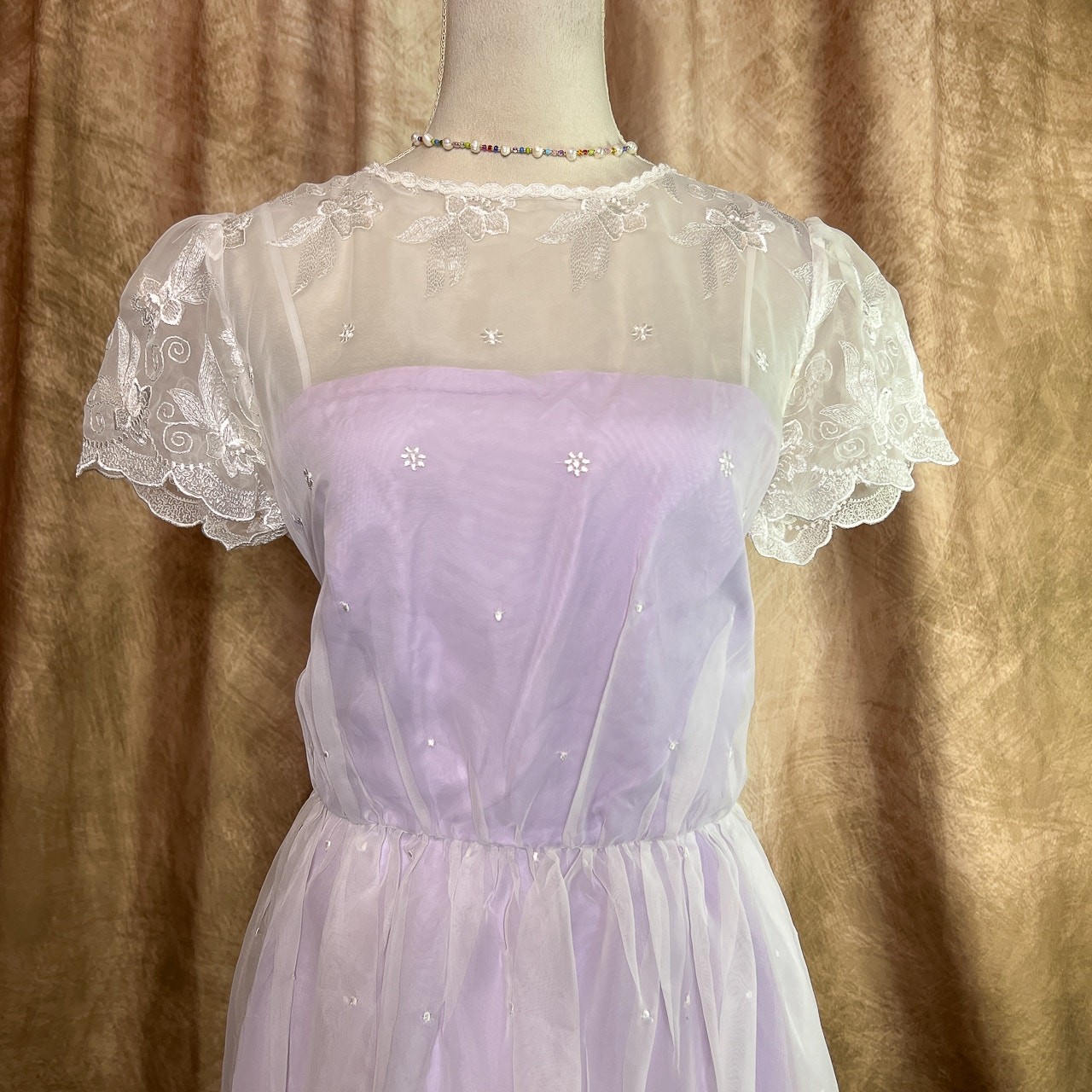 Vintage Coquette Dress 70s Sheer Mesh Floral Embroidered Lavender Tea Party