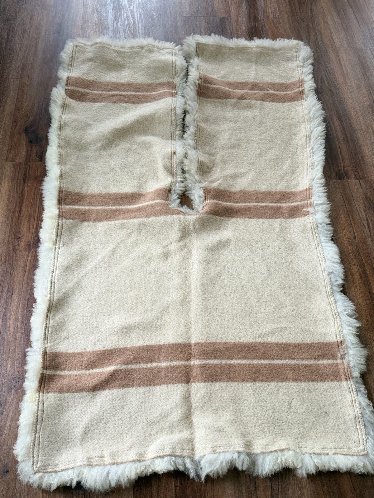Vintage Boho Shearling Alpaca Trim Wool Cape Poncho Striped Wrap OS