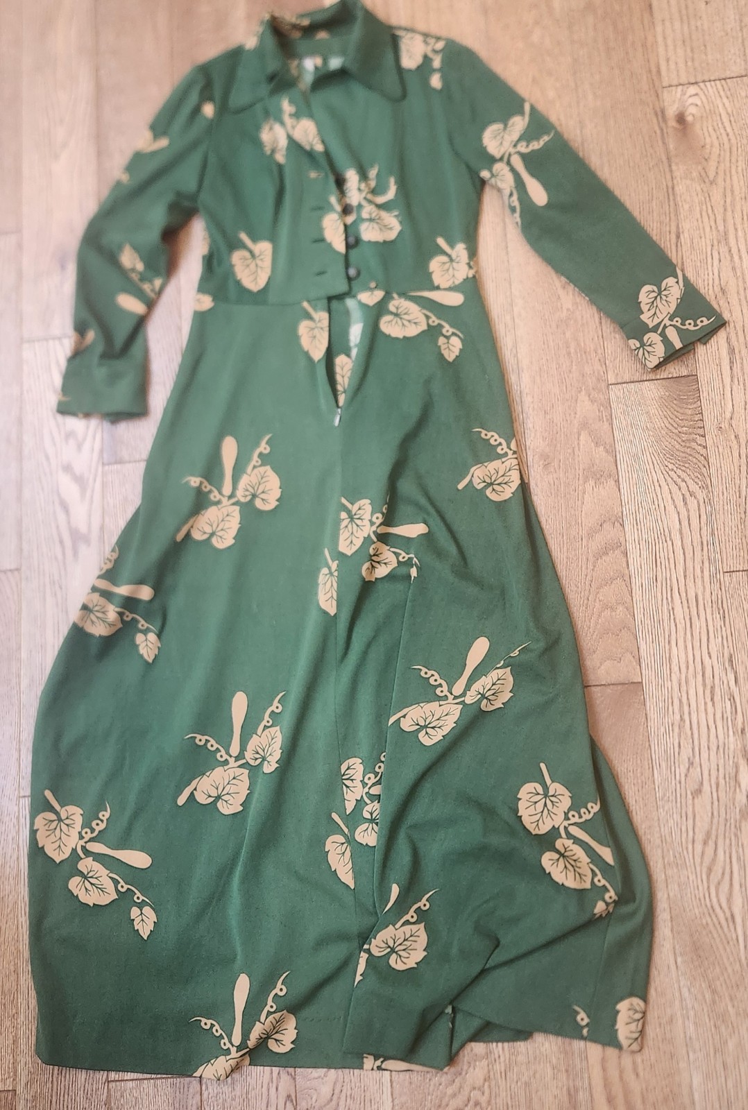 Vtg Handmade Dress Botanical Leaf Green 1970s 80’s Full Length Size 6