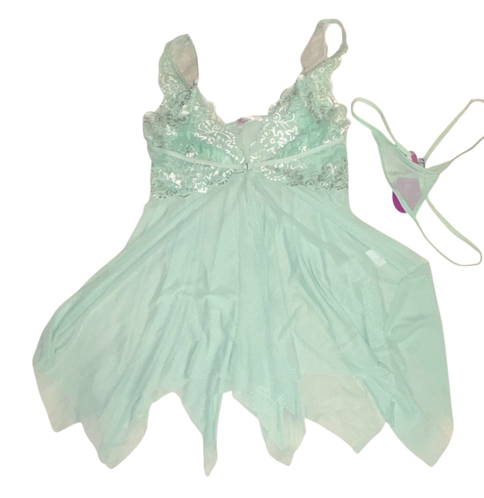2PC AVIDLOVE Mint Green Shiny Sheer Lace Nightie & String Bikini Panties L NWT
