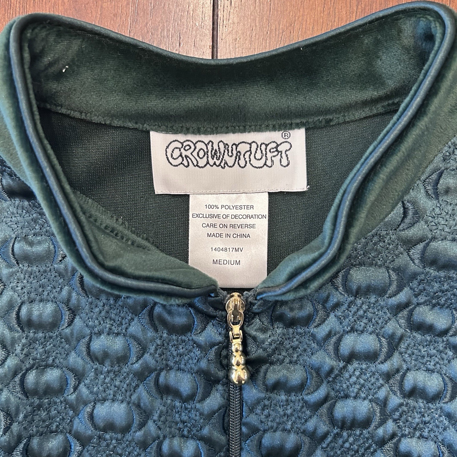 Vintage Crowntuft Zip Front Green Velour Housecoat Robe Pockets Women’s Medium