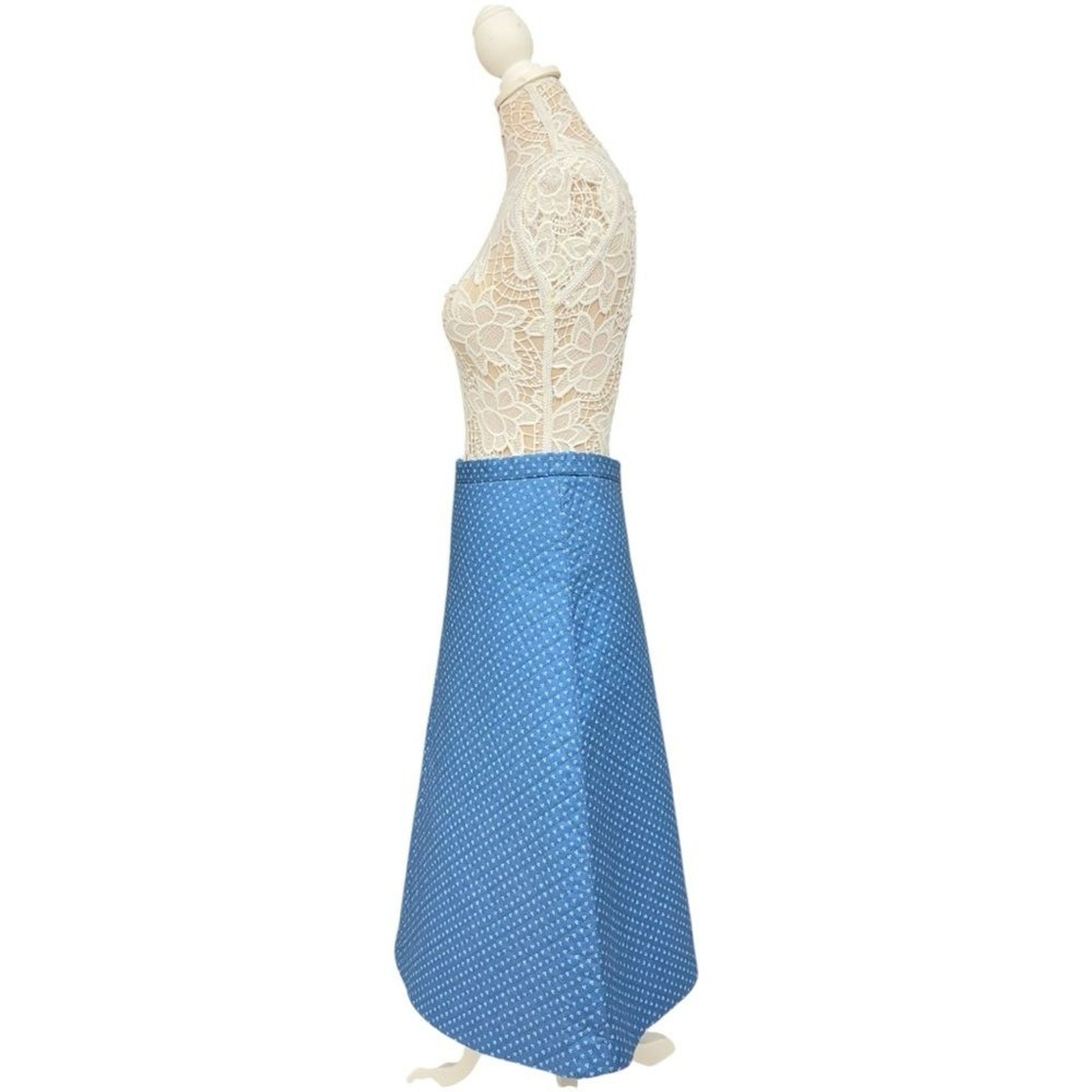 Vintage 70s Blue Quilted A-Line Skirt Handmade Medium fit Polka Dot Cute Retro