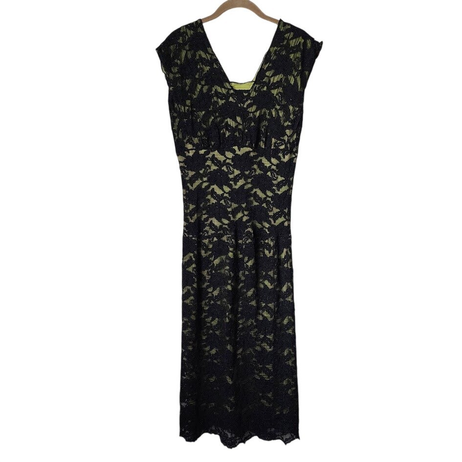 Vintage Black Citron Green Lace Floral Midi Dress Whimsygoth Prairie Cottagecore