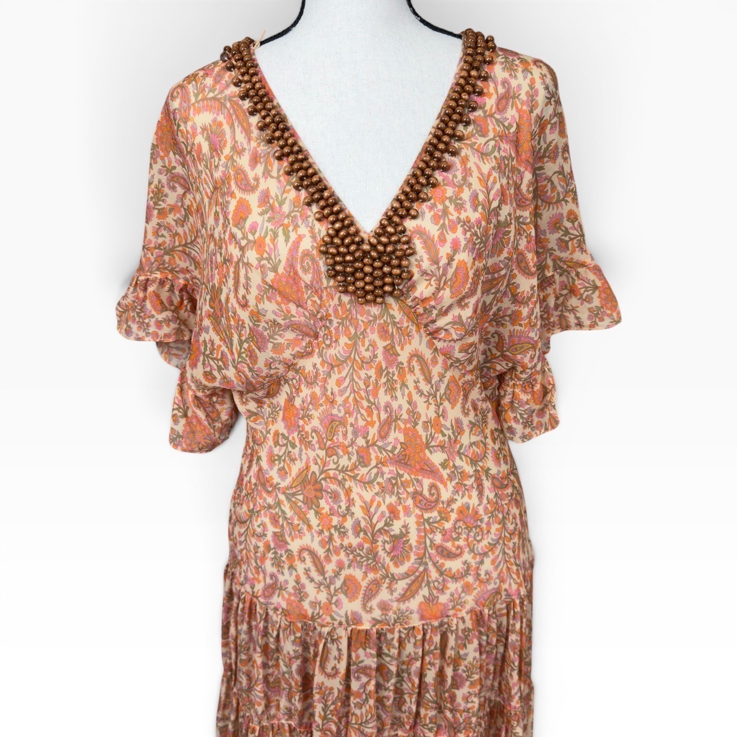 Vintage Sheer Silk Paisley Midi Dress Orange Pink Beaded V-Neck Tiered Ruffle