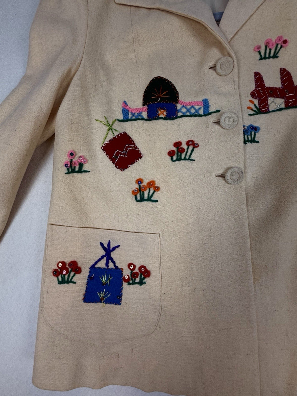 Vtg 1950s Beige Wool Mexican Souvenir Jacket W People Palms Cactus Village Life