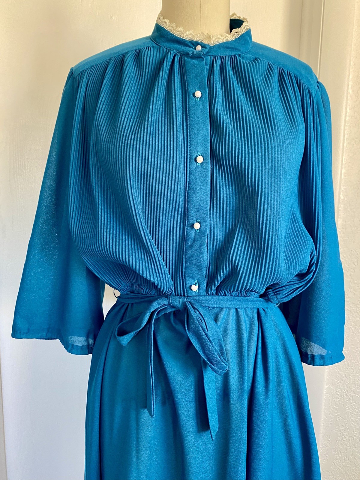 Vtg Miss Oops CA Teal Secretary Blouson Dress w Lace Accent Size L READ
