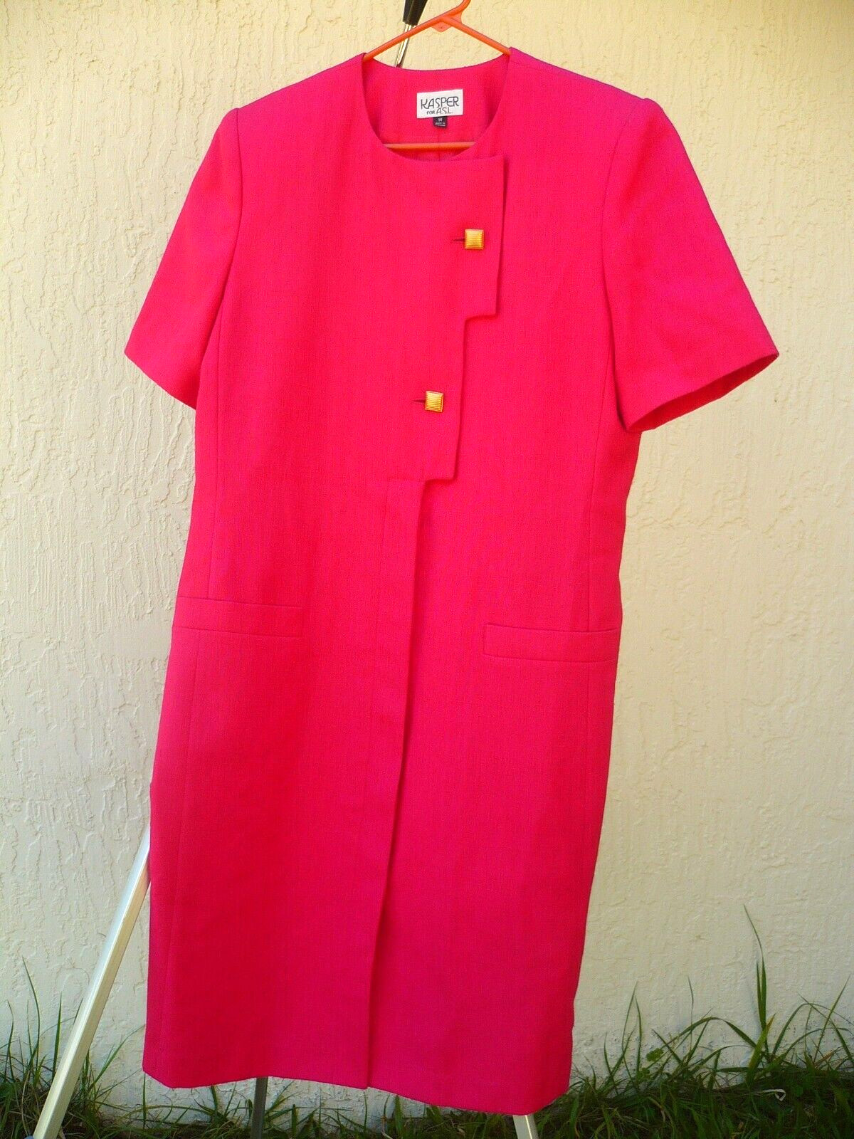 VTG 80S KASPER ASL SOLID HOT PINK CLASSIC BUSINESS DRESS TEXTURED KNEE L WOMEN